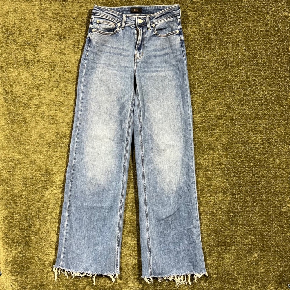 Quince Bella Stretch Wide Leg Jeans Womens 27 Twilight Blue Fray Raw Hem Denim